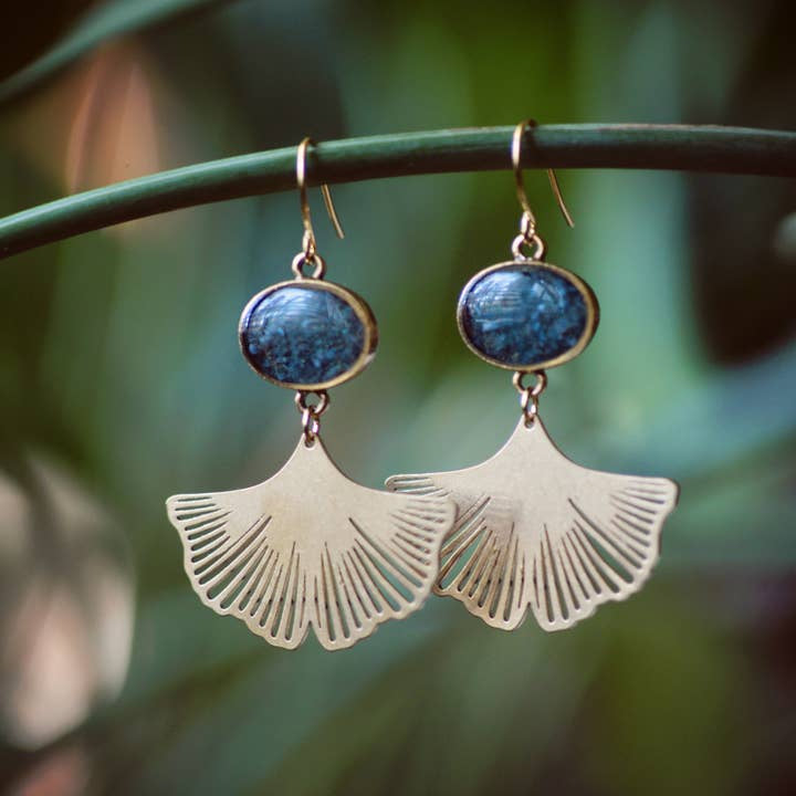 Earrings | Crushed Gemstone Ginkgo Dangle | Cameoko