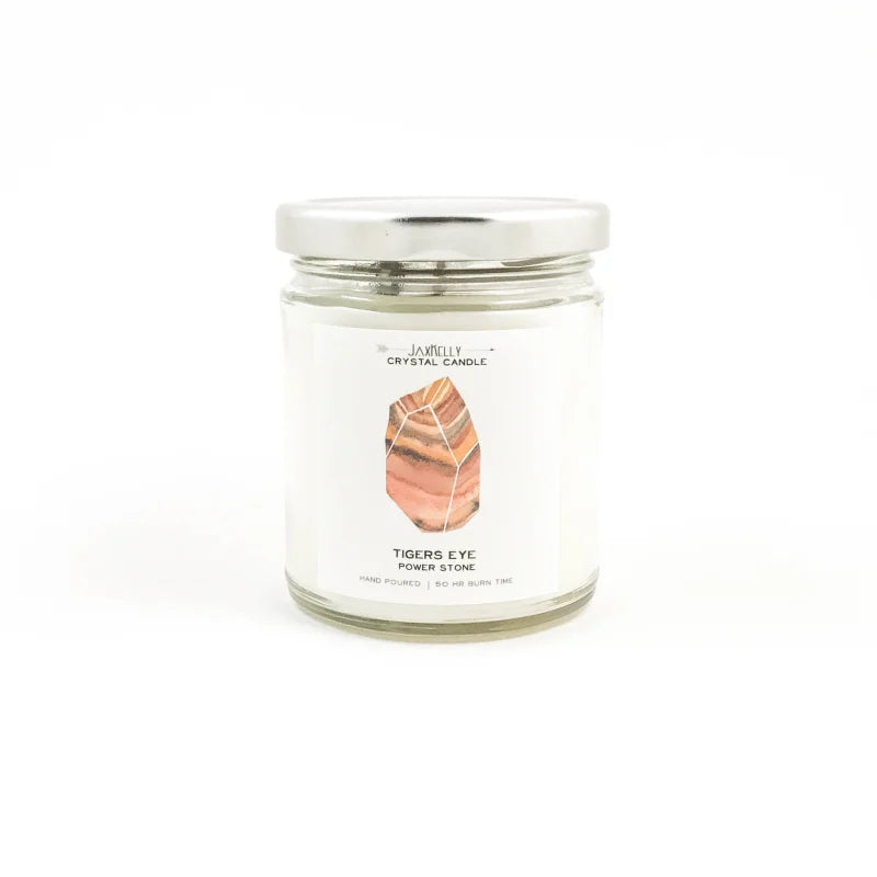 White Candle With Pink And Brown Tigers Eye Stone | Jaxkelly